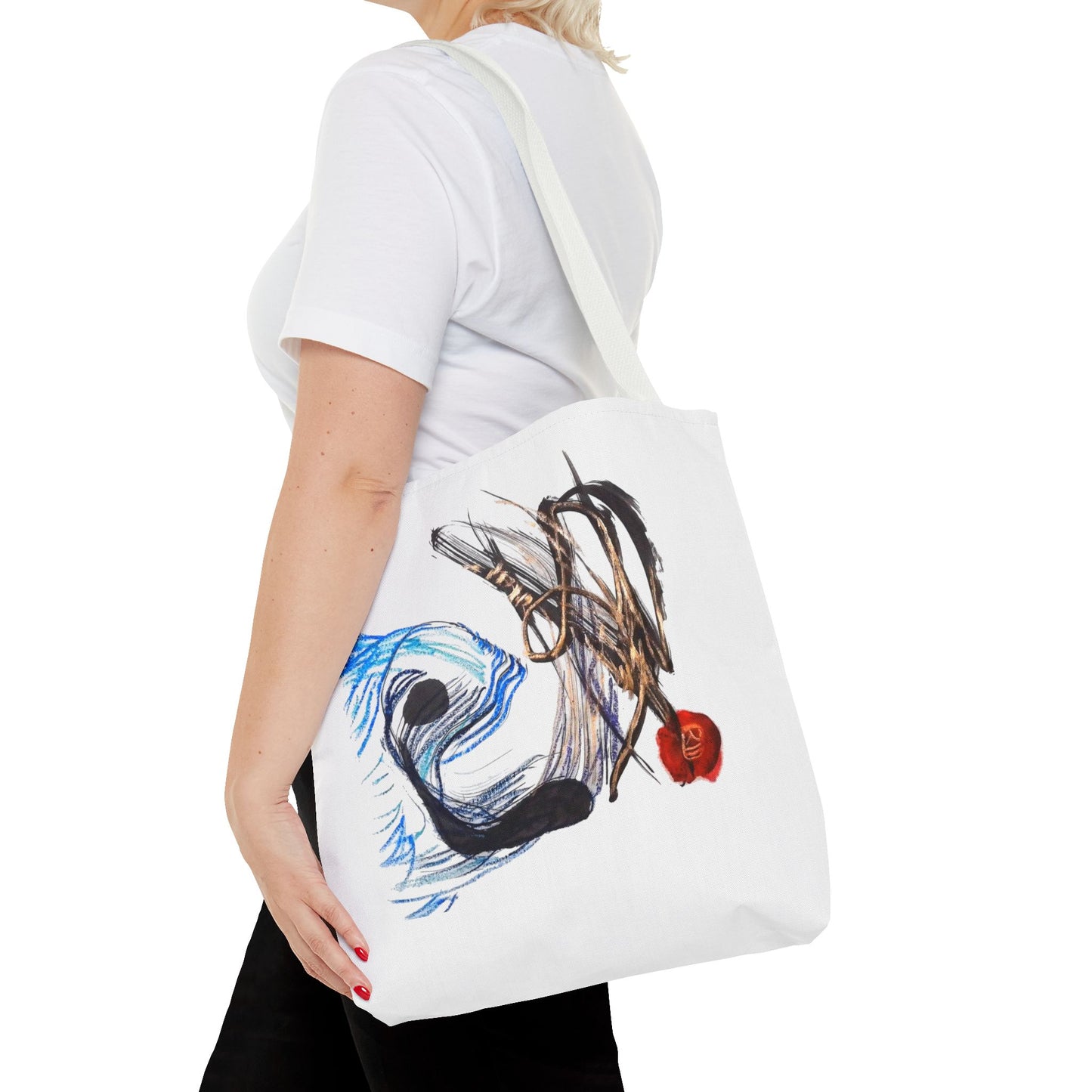 Abstract Art Tote Bag — Modern Brushstroke Design with Red Accent