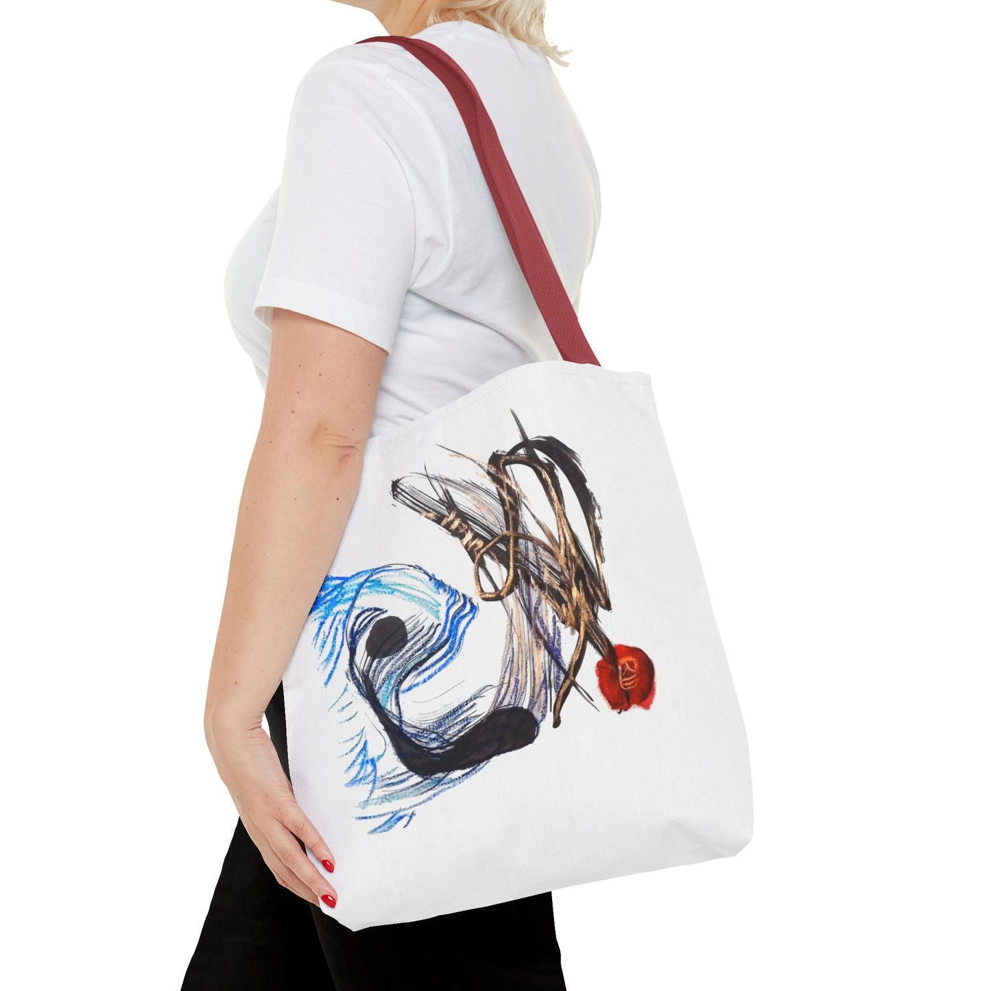 Abstract Art Tote Bag — Modern Brushstroke Design with Red Accent